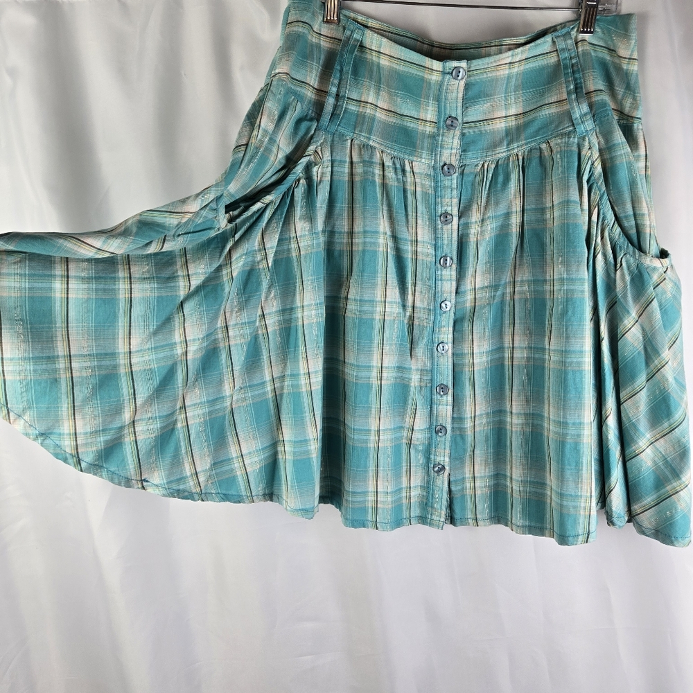 Larry Levine Metallic Gold Turquoise Button Up Flare Plaid Skirt Pockets Size 12 - Picture 8 of 12